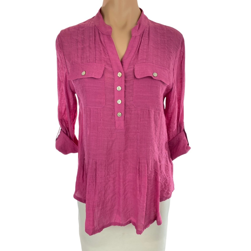 Ruby Rd Pullover Blouse Top Pink Sz Petite Small Roll Tab Sleeve Rayon/Polyester